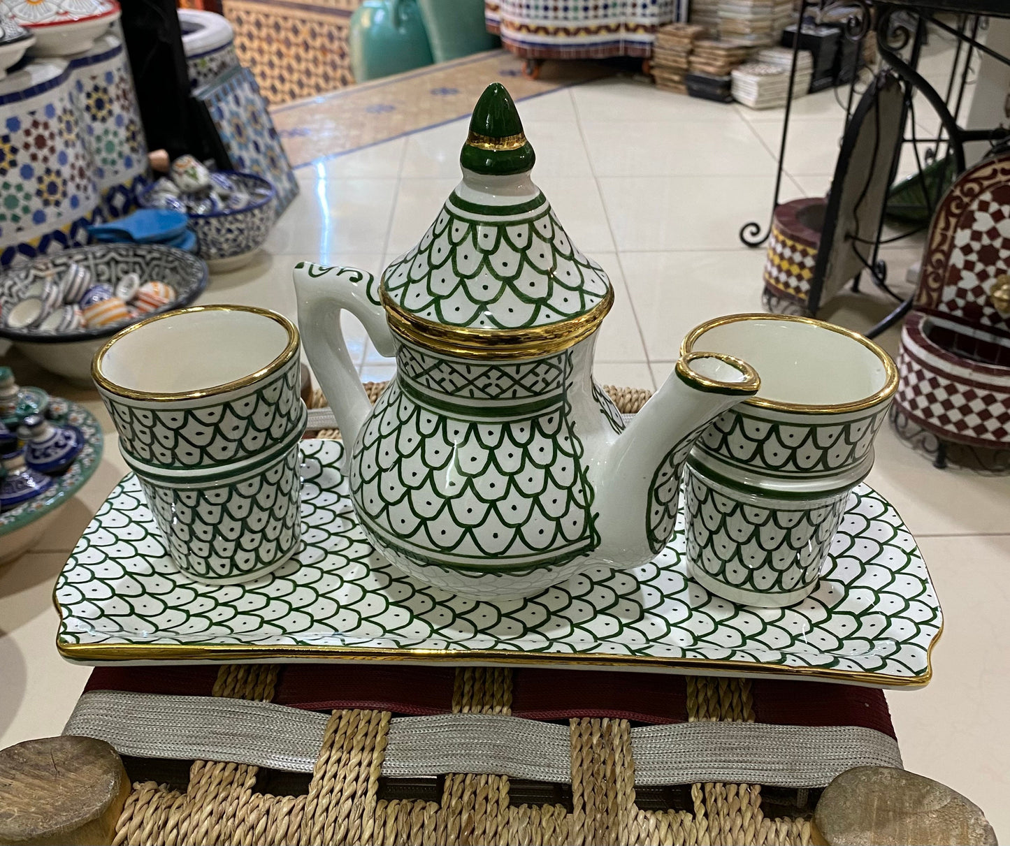 Moroccan Ceramic Tea Set , Handmade, Hand Painted, with Real 14K Gold Rim
