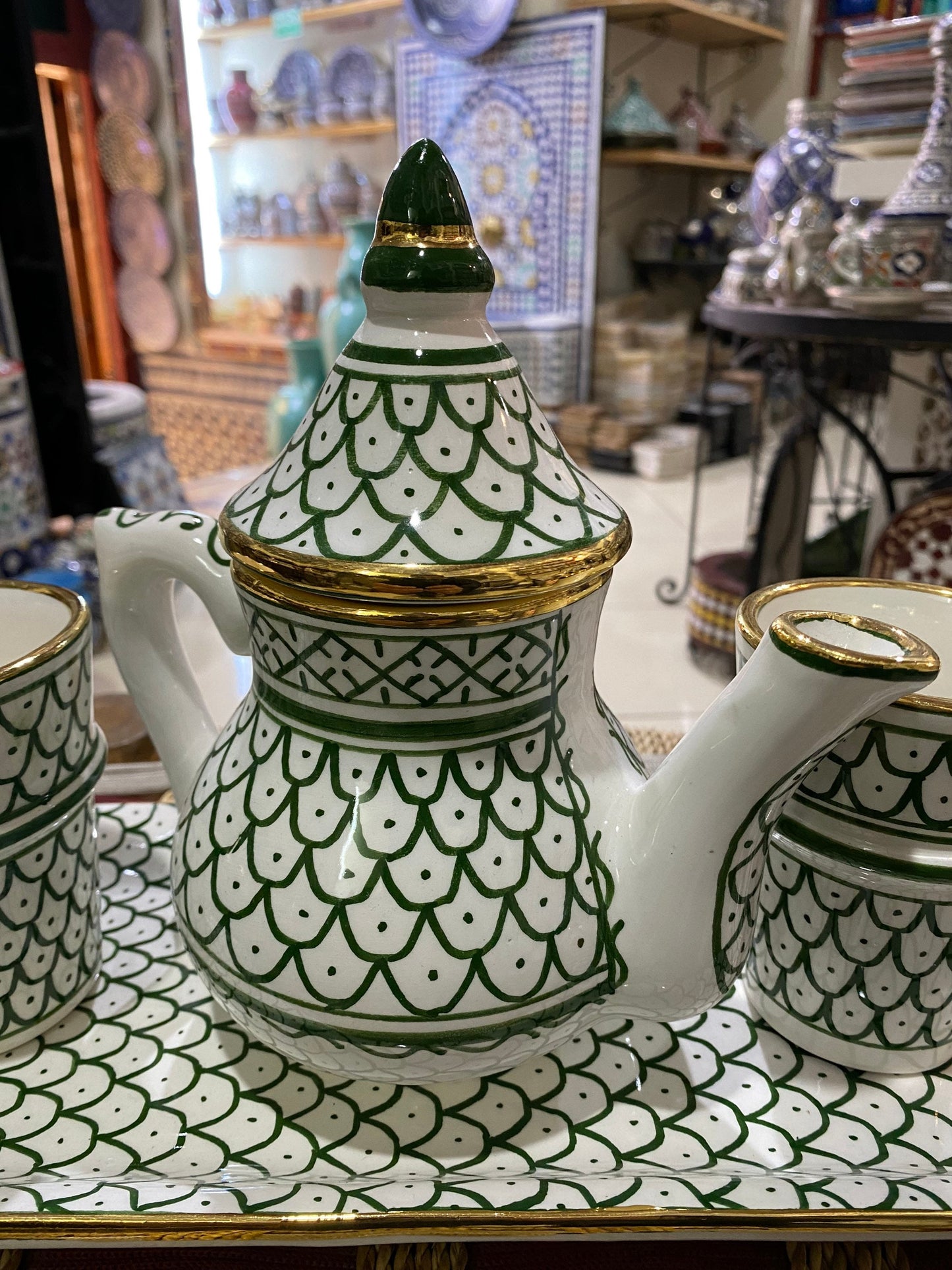 Moroccan Ceramic Tea Set , Handmade, Hand Painted, with Real 14K Gold Rim