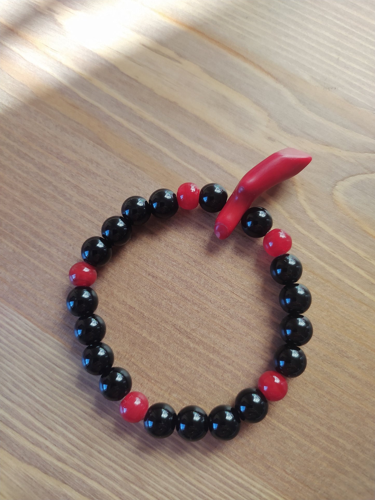 Beautiful Bracelet, Handmade, Black Agate round Beads, Coral Pendant, Gift Idea, for Here.