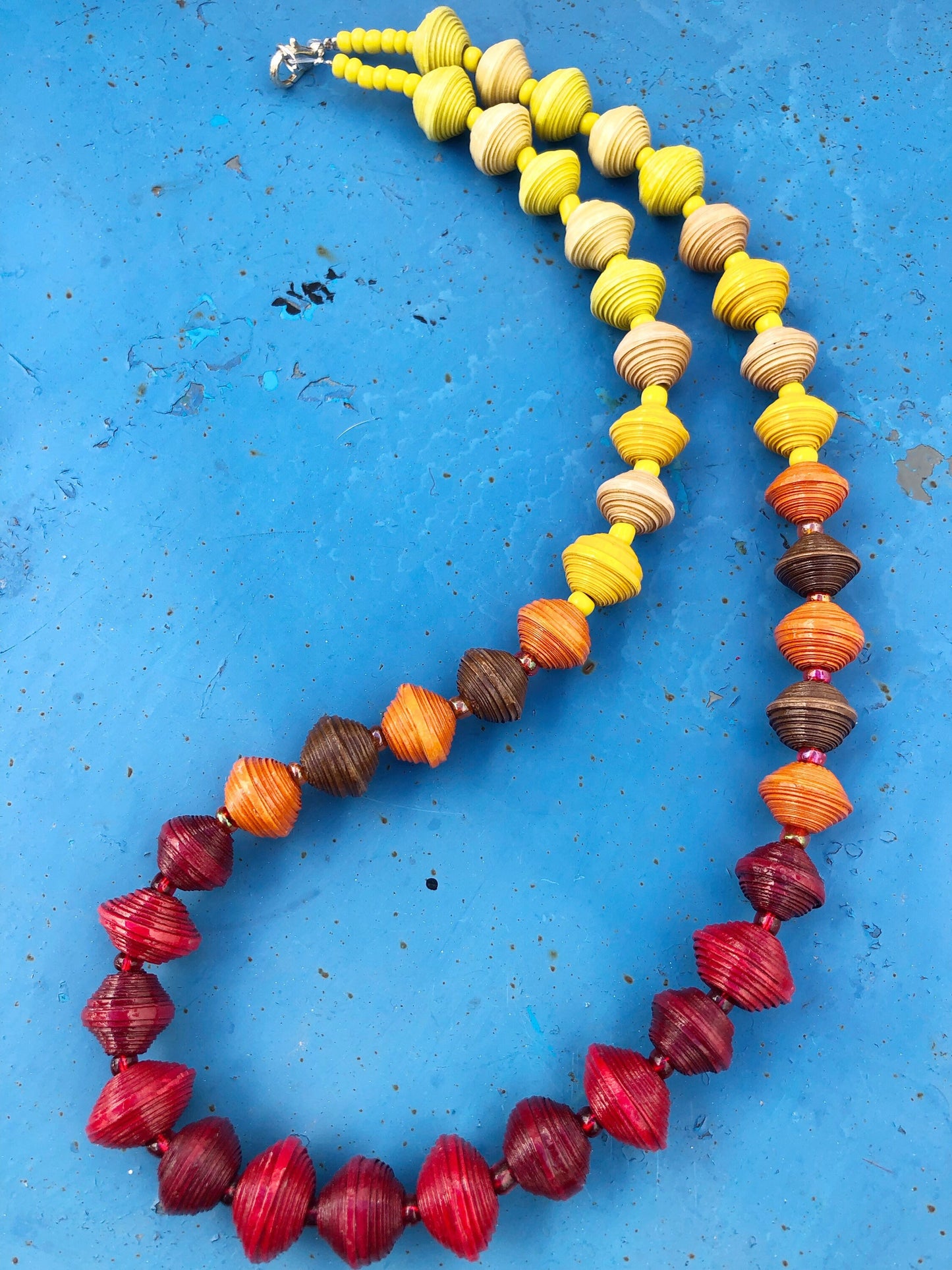 Unique Autumn Colors Paperbead Necklace | Red Yellow Orange Brown | Handmade Beaded Necklace from Morocco | Sustainable Gift for Women