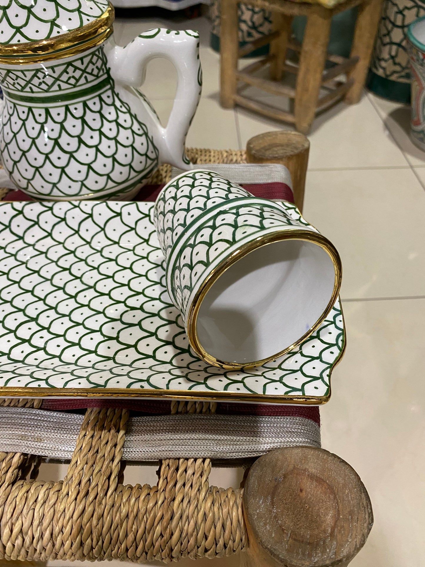 Moroccan Ceramic Tea Set , Handmade, Hand Painted, with Real 14K Gold Rim