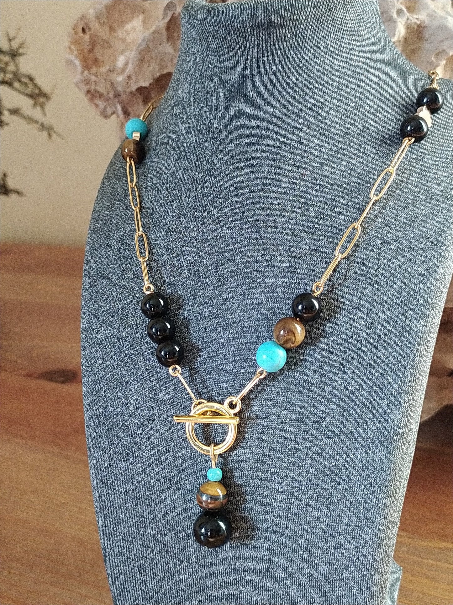 Turquoise, Black Agate and Tiger'S Eye Pearls, an Exclusive Product Handmade and Natural Stones to Embellish Your Neck.