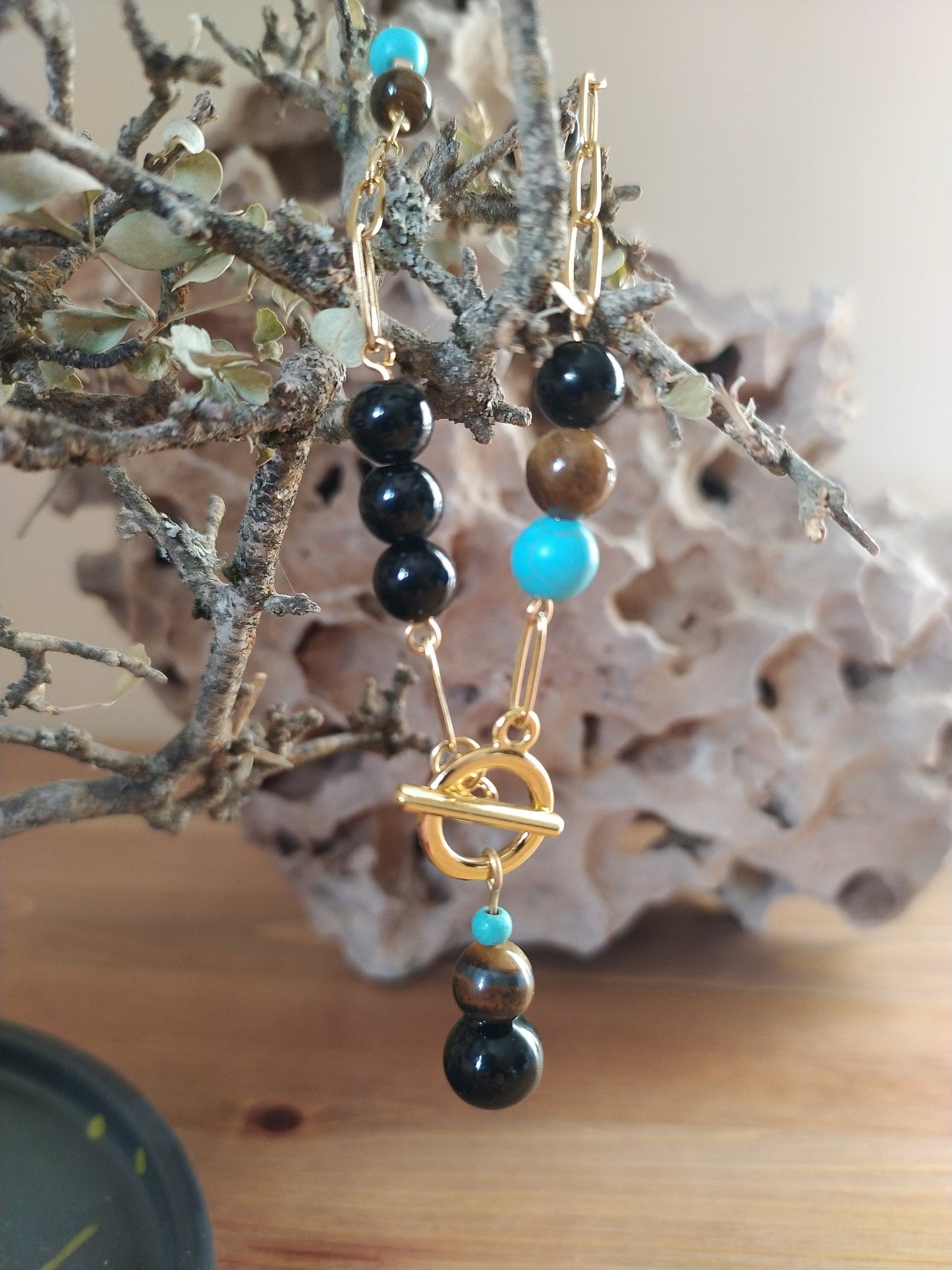 Turquoise, Black Agate and Tiger'S Eye Pearls, an Exclusive Product Handmade and Natural Stones to Embellish Your Neck.