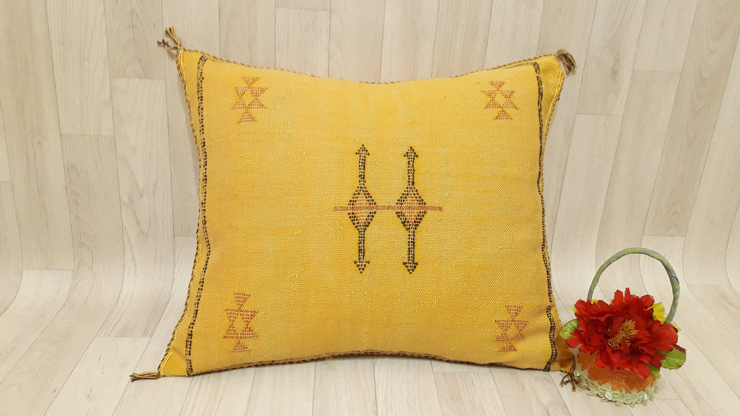 Cactus Silk Cushion Cover - Yellow Sabra Pillow - Handmade Morocco Cushion