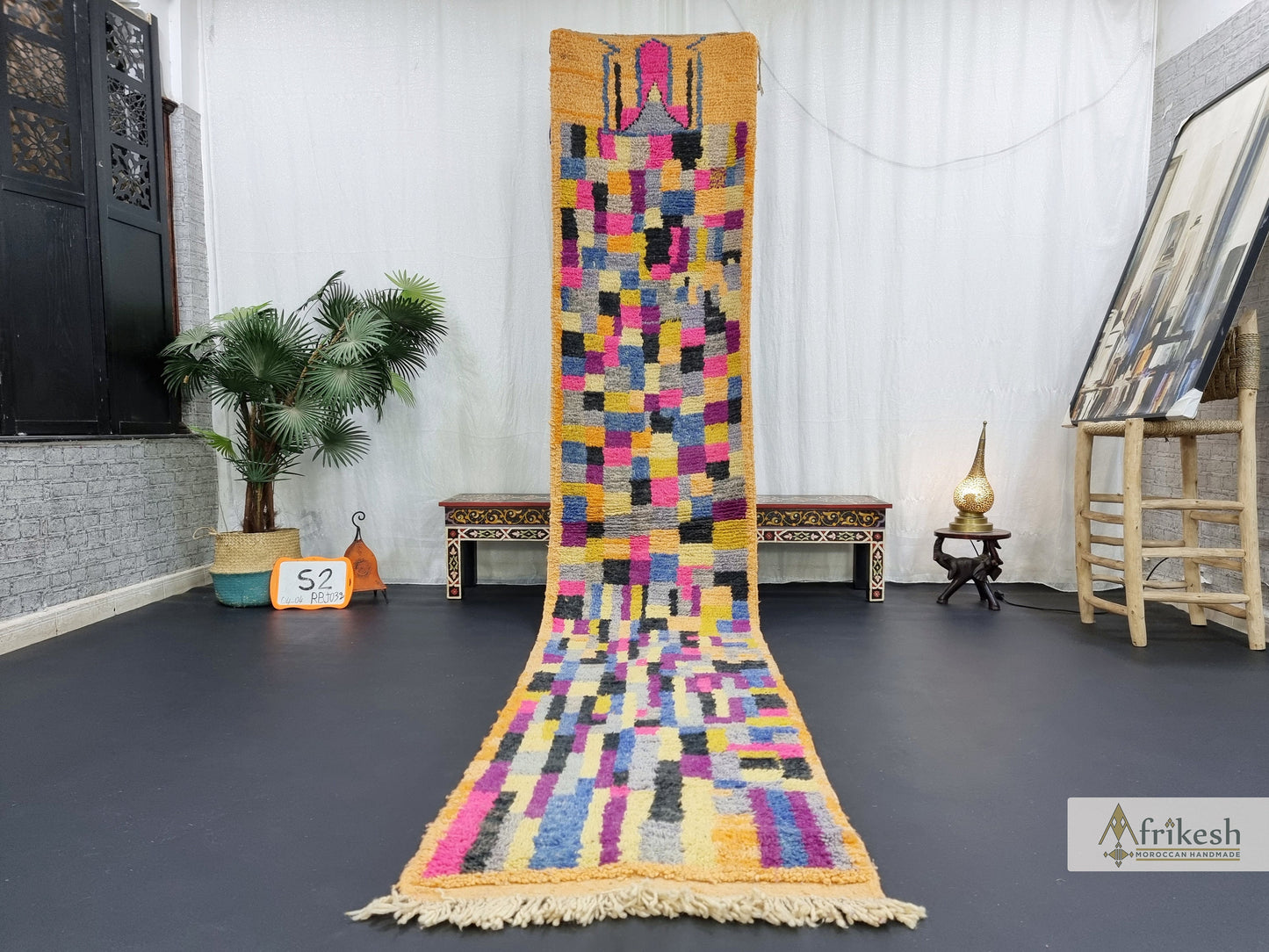 COLORFUL BOUJAAD RUG, Handmade Moroccan Rug 2X12, Sheep Wool Carpet, Fuchsia and Mustard Runner, Checkered Rug, Berber Rug, Handwoven Rug.