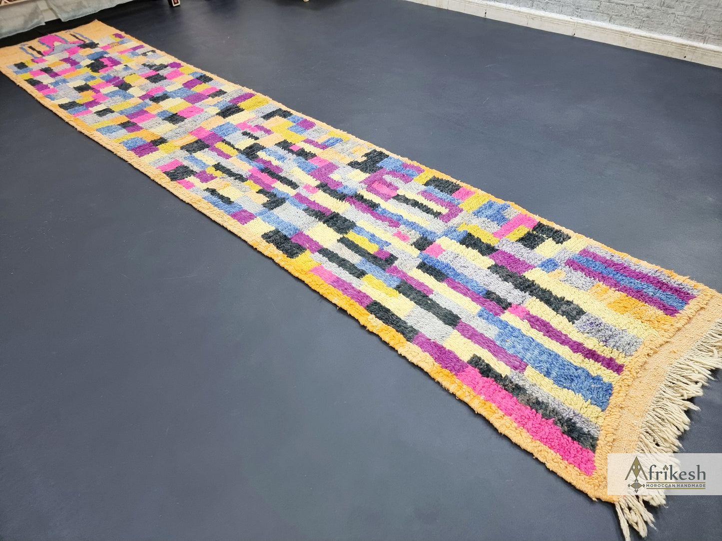 COLORFUL BOUJAAD RUG, Handmade Moroccan Rug 2X12, Sheep Wool Carpet, Fuchsia and Mustard Runner, Checkered Rug, Berber Rug, Handwoven Rug.