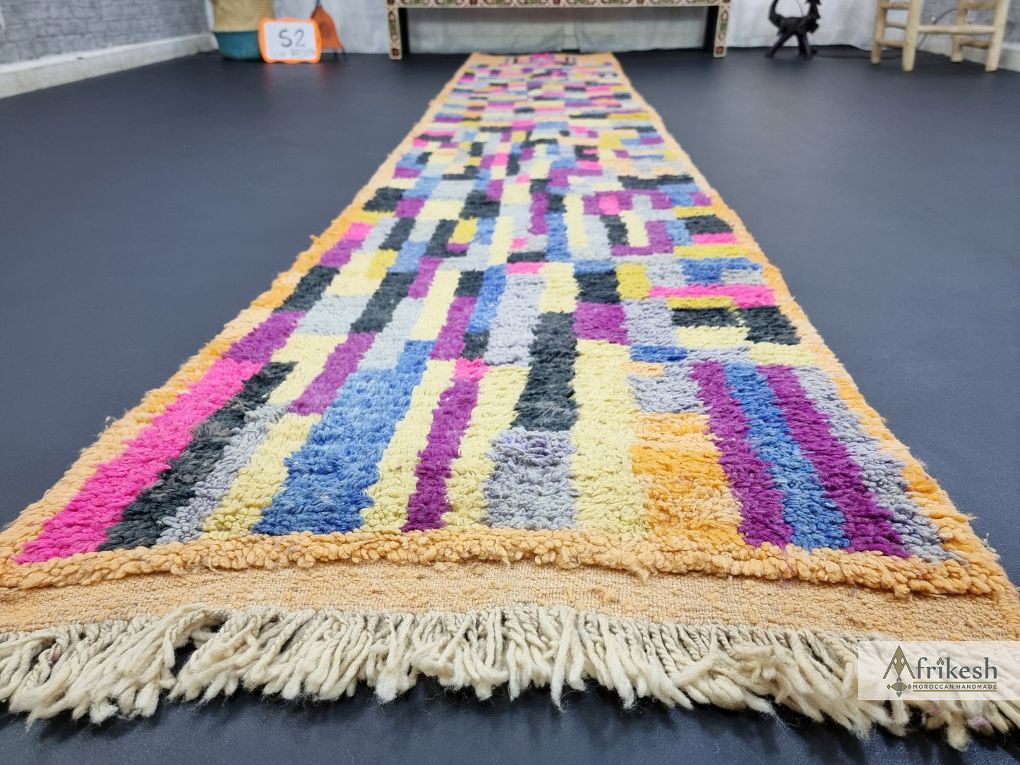 COLORFUL BOUJAAD RUG, Handmade Moroccan Rug 2X12, Sheep Wool Carpet, Fuchsia and Mustard Runner, Checkered Rug, Berber Rug, Handwoven Rug.