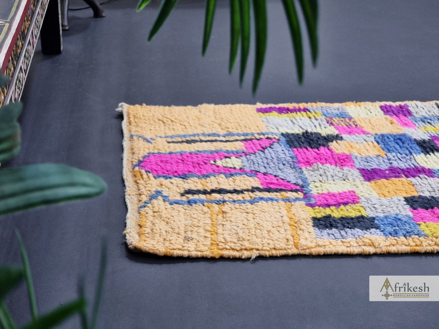 COLORFUL BOUJAAD RUG, Handmade Moroccan Rug 2X12, Sheep Wool Carpet, Fuchsia and Mustard Runner, Checkered Rug, Berber Rug, Handwoven Rug.