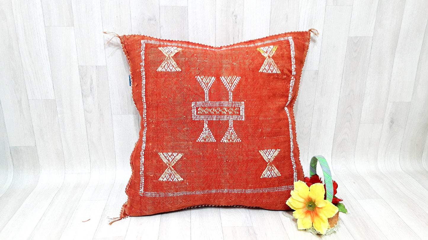 Cactus Silk Cushion Cover - Orange Sabra Pillow - Handmade Morocco Cushion