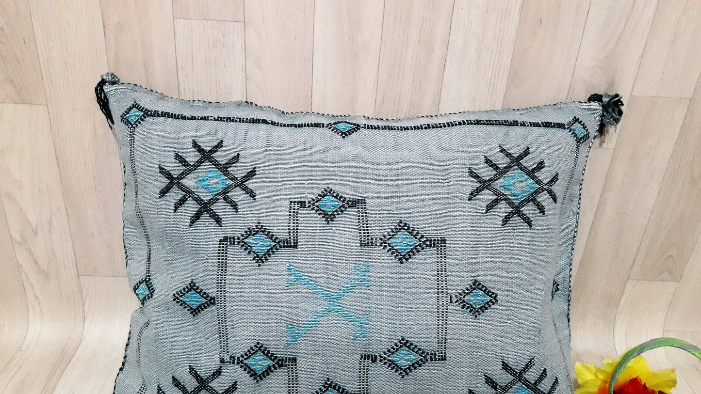 GRAY Cactus Silk Pillow Cover, Moroccan Boho Throw Pillow , Hand Woven Berber Pillow, Decorative Sabra Cactus Silk Cushion Cover