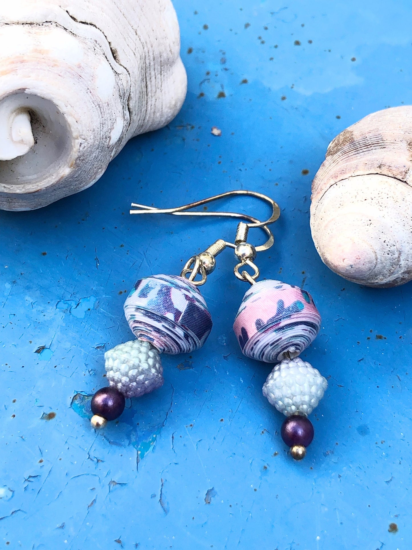 Purple & Silver Beaded Earrings | Upcycled Paperbead Earrings Morocco | Unique Handmade Recycled Earrings | Drop Dangle Earrings Silver Hook