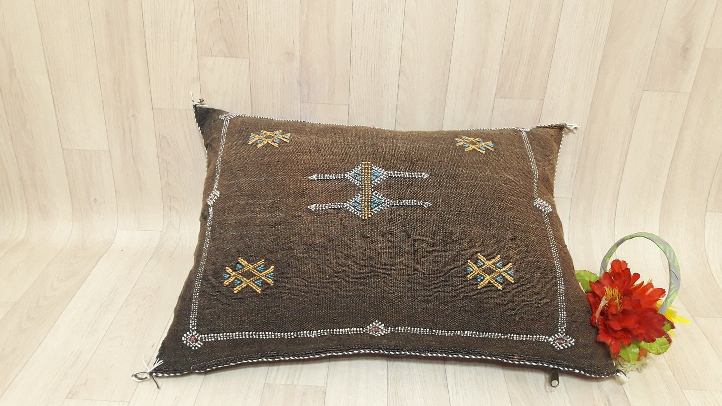 Brown Cactus Silk Pillow Cover, Moroccan Boho Throw Pillow , Hand Woven Berber Pillow, Decorative Sabra Cactus Silk Cushion Cover