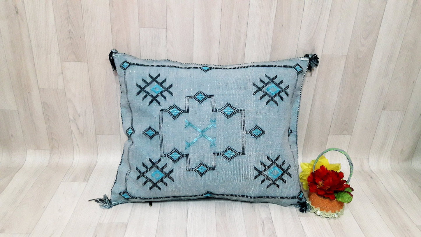 GRAY Cactus Silk Pillow Cover, Moroccan Boho Throw Pillow , Hand Woven Berber Pillow, Decorative Sabra Cactus Silk Cushion Cover
