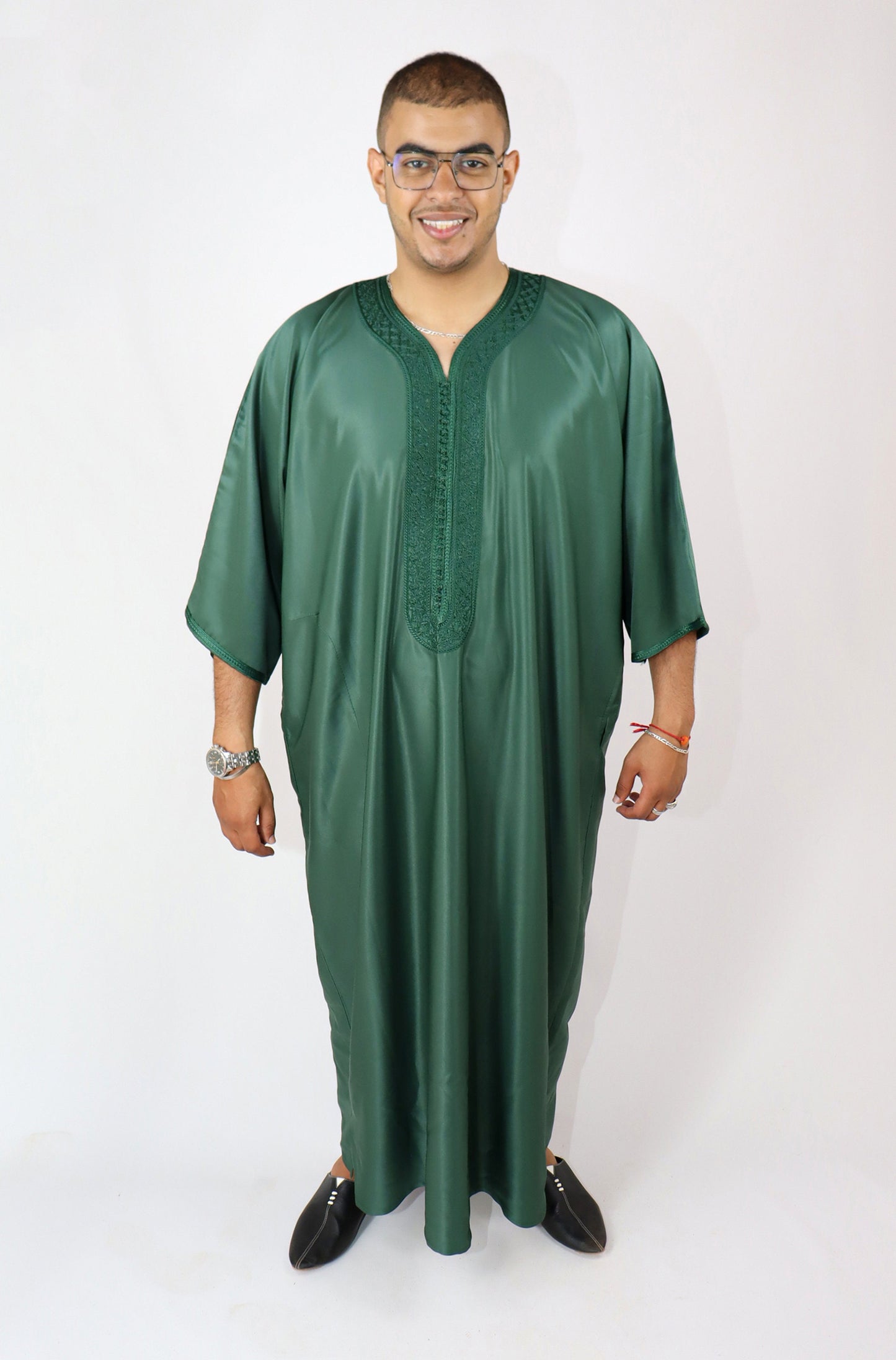 Green Moroccan Style Thobe - Traditional Short Sleeve Design for Men
