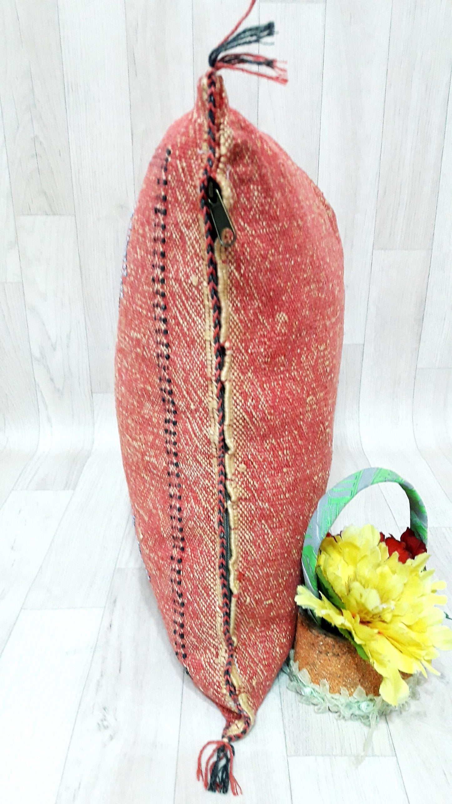 Orange Cactus Silk Pillow Cover, Moroccan Boho Throw Pillow , Hand Woven Berber Pillow, Decorative Sabra Cactus Silk Cushion Cover