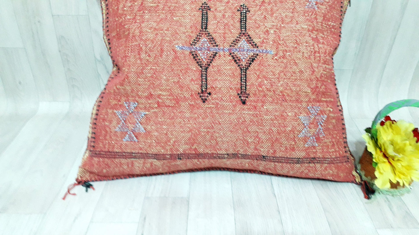 Orange Cactus Silk Pillow Cover, Moroccan Boho Throw Pillow , Hand Woven Berber Pillow, Decorative Sabra Cactus Silk Cushion Cover