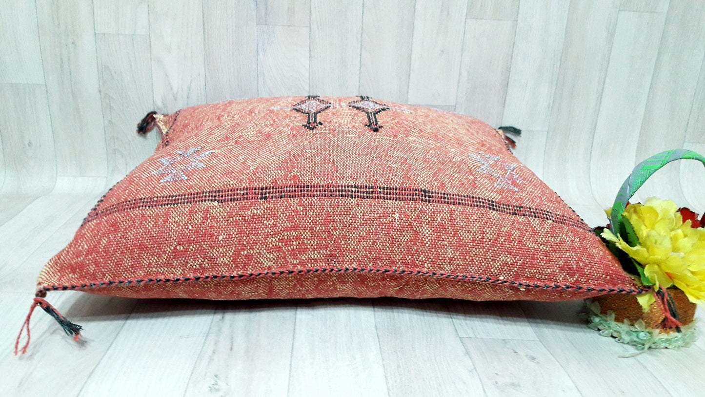 Orange Cactus Silk Pillow Cover, Moroccan Boho Throw Pillow , Hand Woven Berber Pillow, Decorative Sabra Cactus Silk Cushion Cover