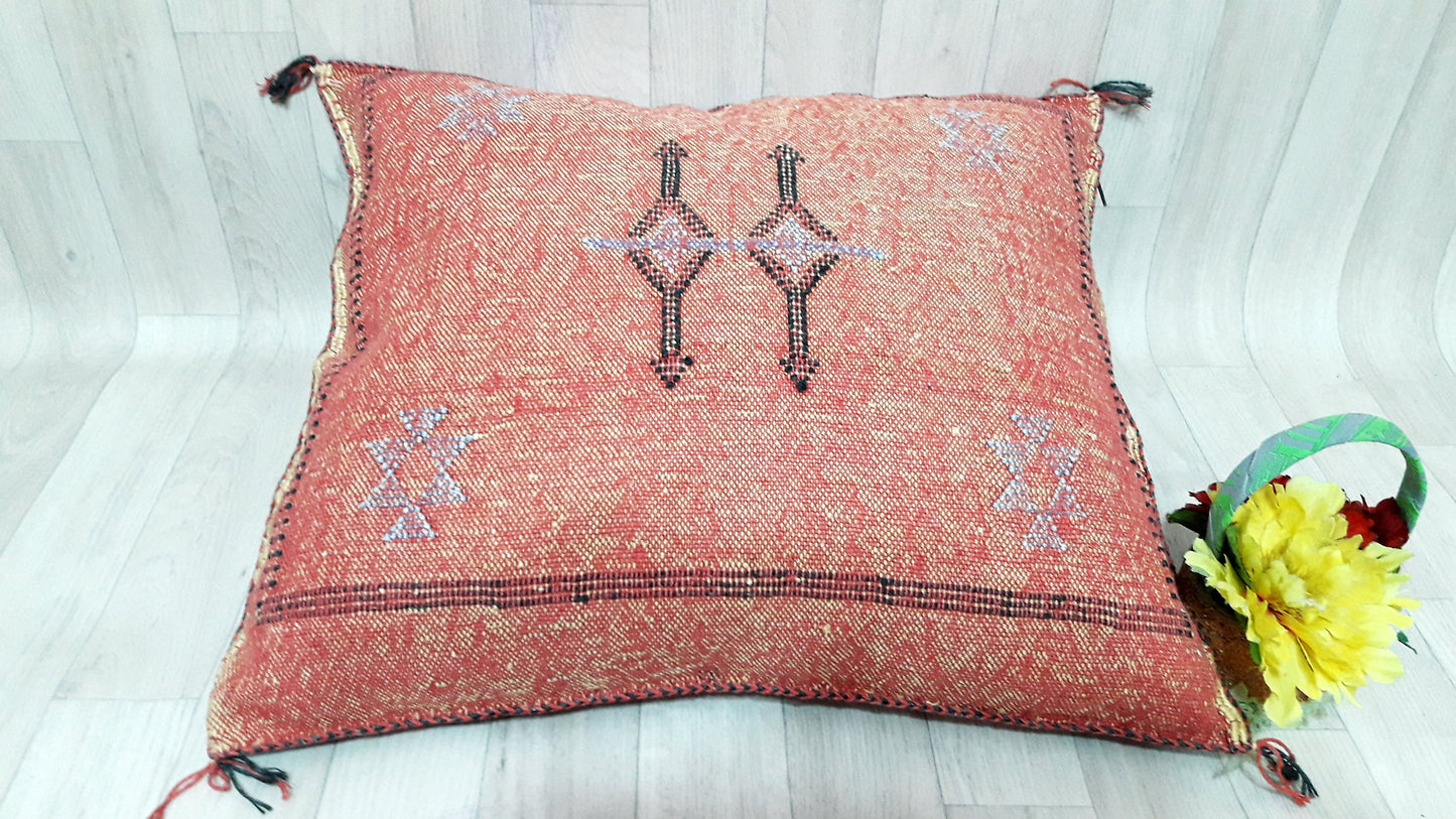 Orange Cactus Silk Pillow Cover, Moroccan Boho Throw Pillow , Hand Woven Berber Pillow, Decorative Sabra Cactus Silk Cushion Cover