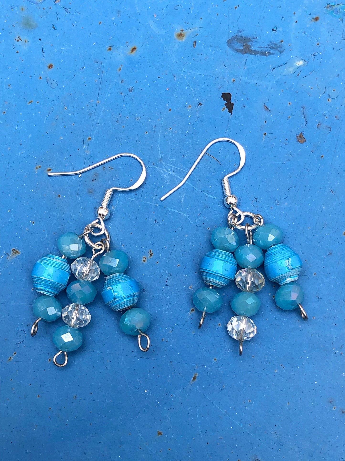 Blue Drop Dangle Earrings Unique Handmade Cluster Paper Bead Earrings Silver Plated Hypoallergenic Hooks Birthday Gift Women Sister Gift