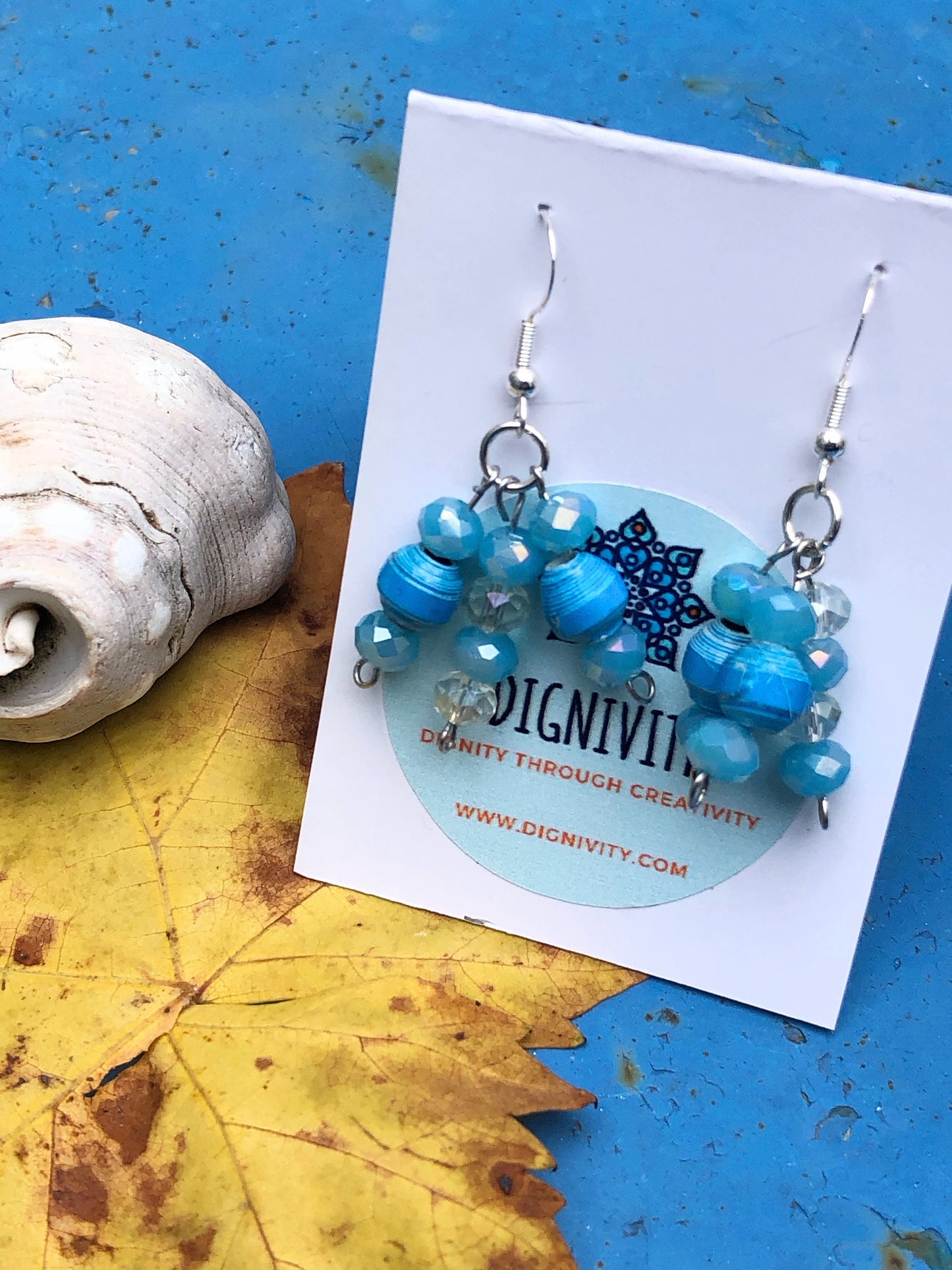 Blue Drop Dangle Earrings Unique Handmade Cluster Paper Bead Earrings Silver Plated Hypoallergenic Hooks Birthday Gift Women Sister Gift