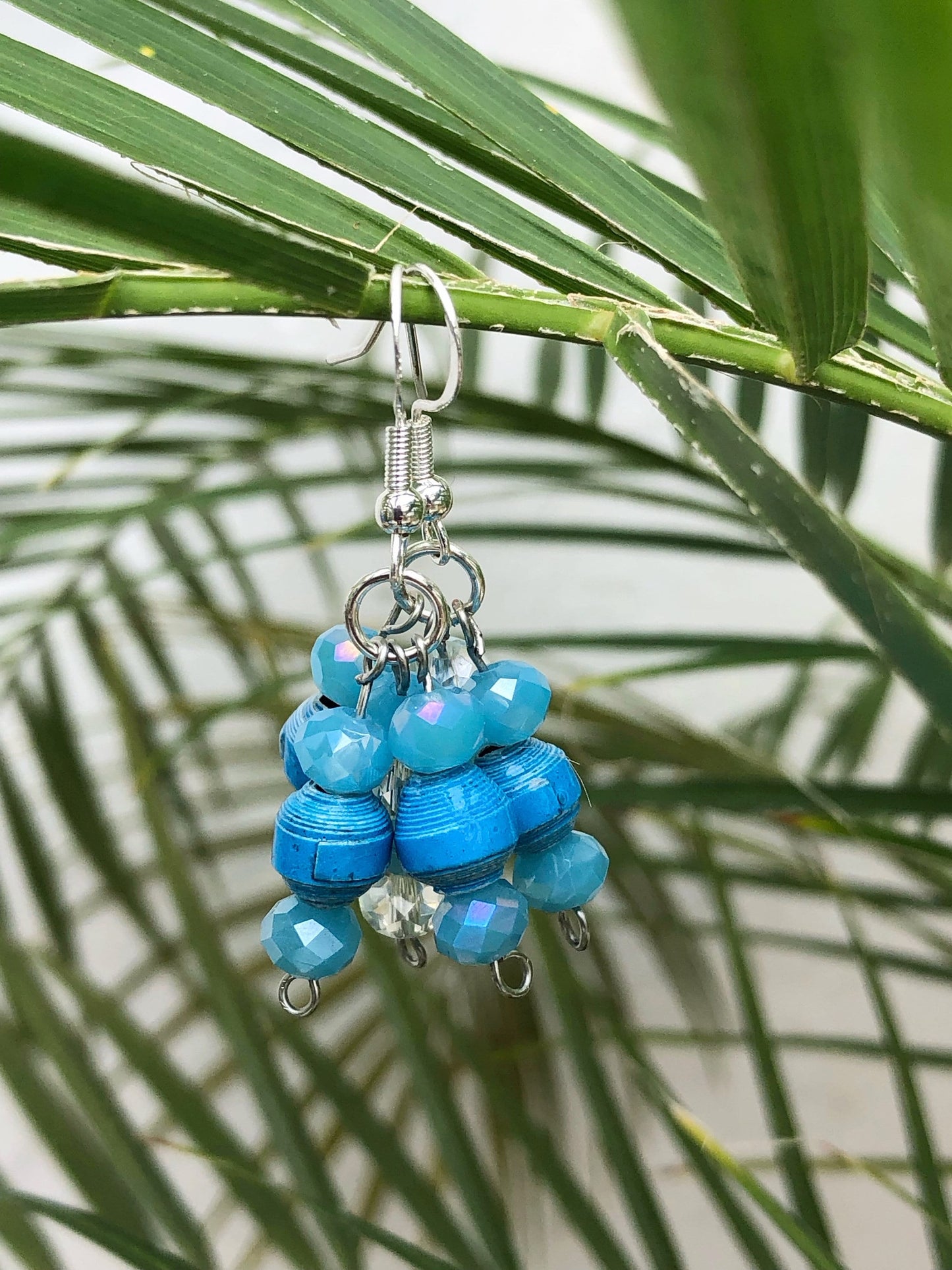 Blue Drop Dangle Earrings Unique Handmade Cluster Paper Bead Earrings Silver Plated Hypoallergenic Hooks Birthday Gift Women Sister Gift