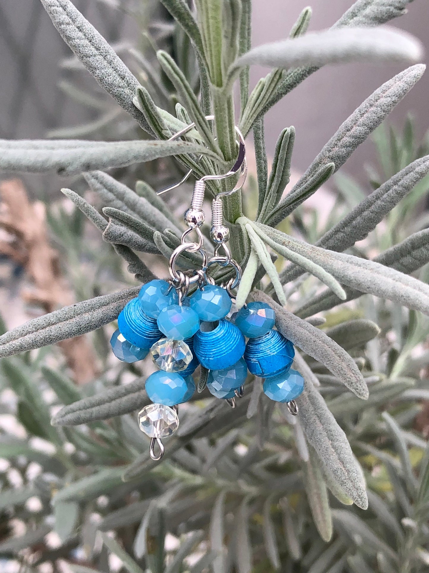 Blue Drop Dangle Earrings Unique Handmade Cluster Paper Bead Earrings Silver Plated Hypoallergenic Hooks Birthday Gift Women Sister Gift