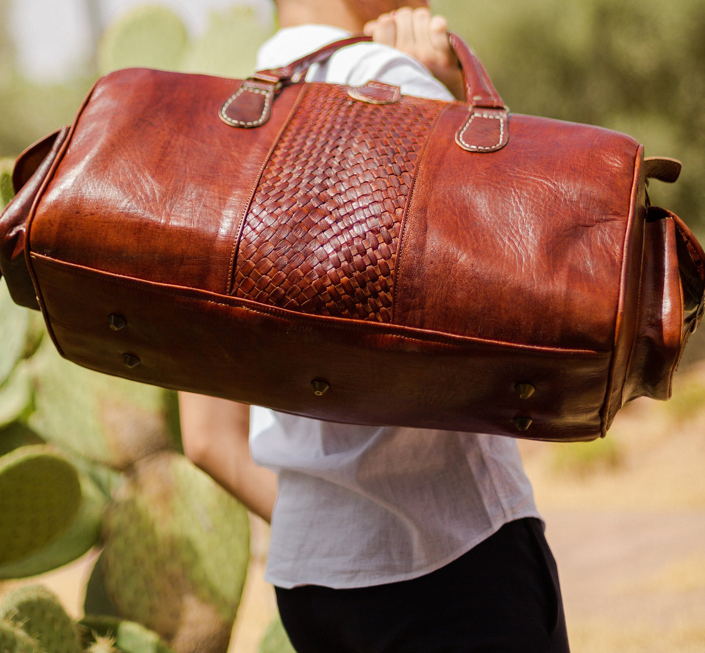 Brown Almond Leather Travel Duffle Bag for Women and Men, Woven Carry on Weekender Overnight Bag, Gift Travel Leather Bag