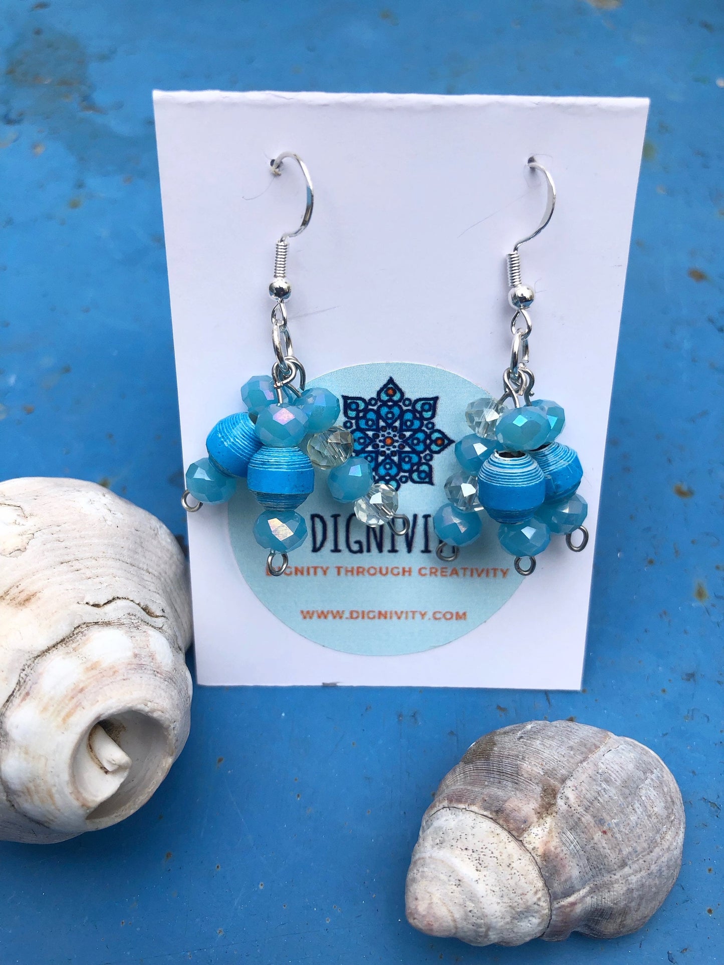Blue Drop Dangle Earrings Unique Handmade Cluster Paper Bead Earrings Silver Plated Hypoallergenic Hooks Birthday Gift Women Sister Gift