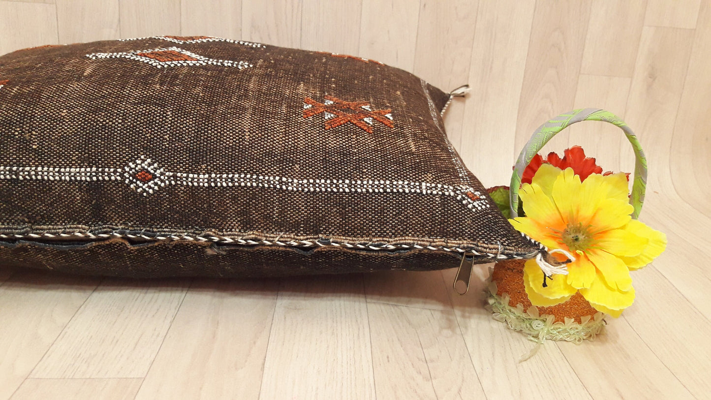 Cactus Silk Cushion Cover - Brown Sabra Pillow - Handmade Morocco Cushion