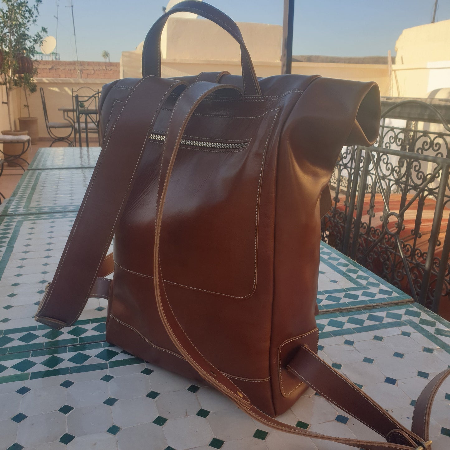 Leather Backpack Roll Top Rucksack Travel Bag Laptop Bag Purse Cowhide