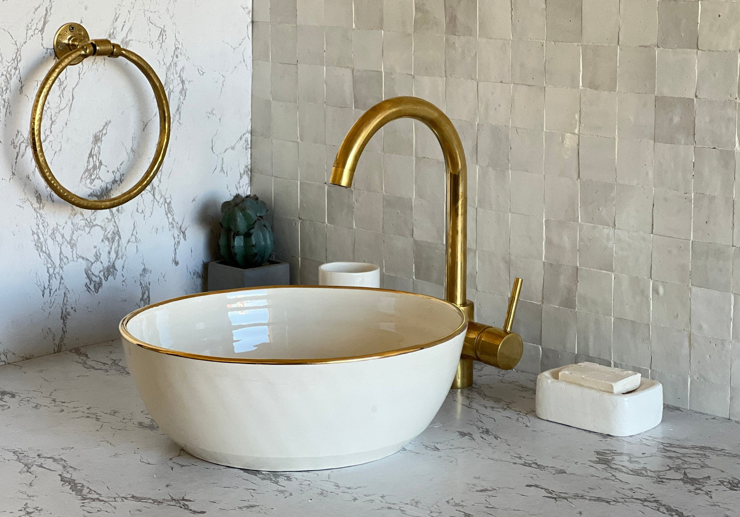 Antique Sink 14K Gold Rim, Set of Vessel Sink, Toothbrush Cup and Soap Dish, 14 Inch Sink Bowl, Ceramic Basin, Free Gift INCLUDED
