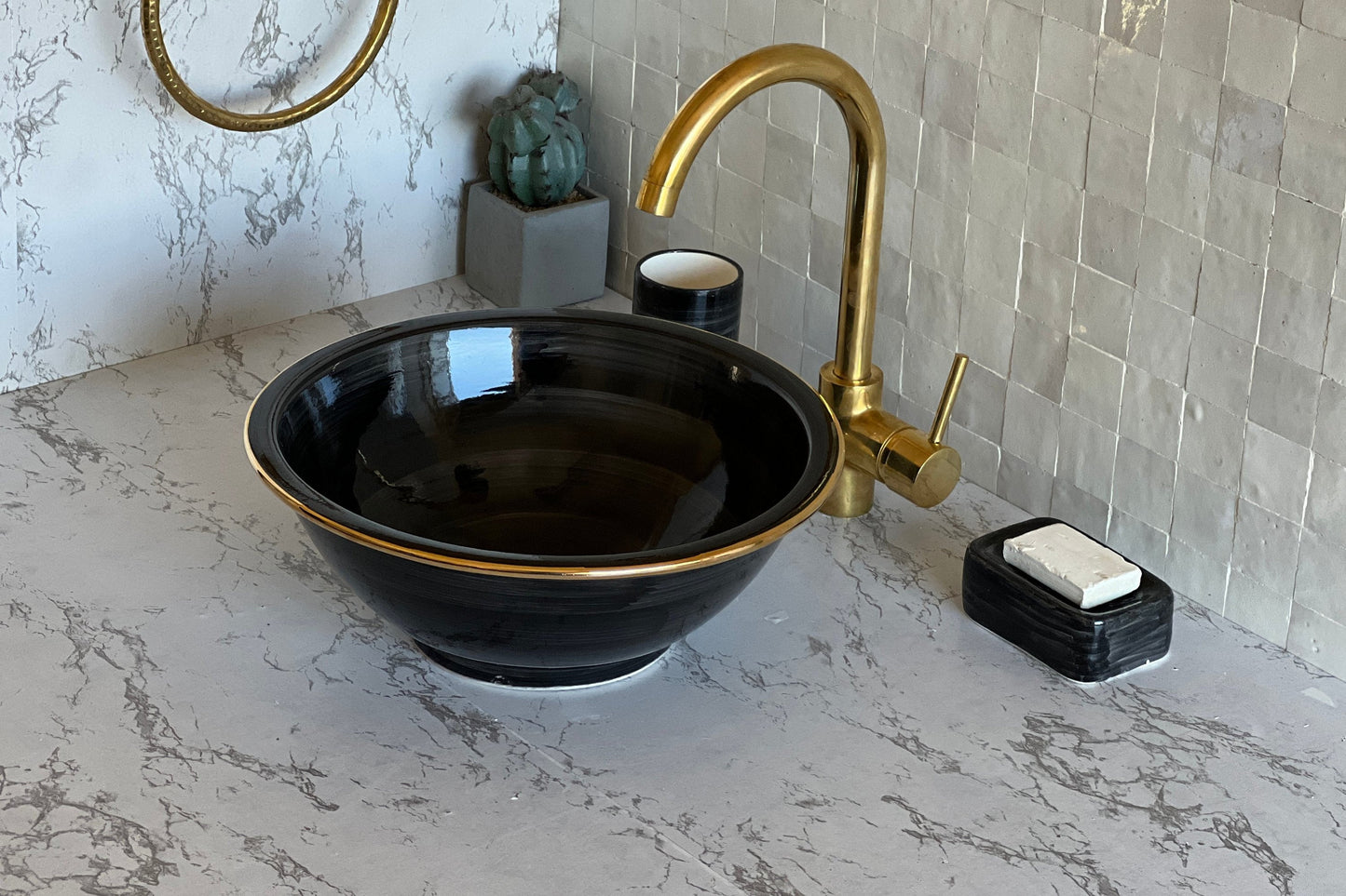 Antique Sink 14K Gold Rim, Set of Vessel Sink, Toothbrush Cup and Soap Dish, 14 Inch Sink Bowl, Ceramic Basin, Free Gift INCLUDED