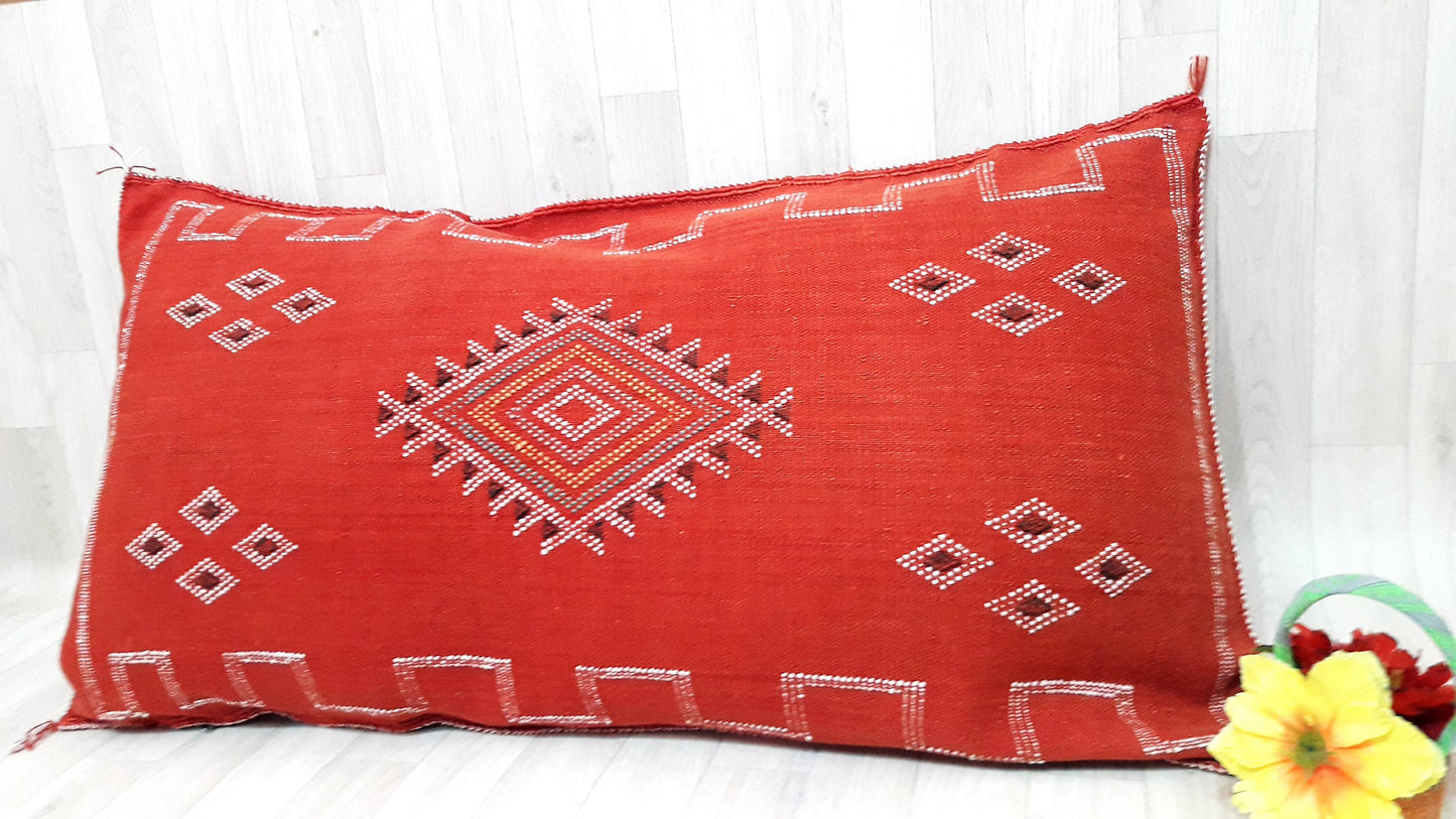 Lumbar Cactus Silk Cushion Cover - Orange/Red Sabra Pillow - Handmade Morocco Cushion