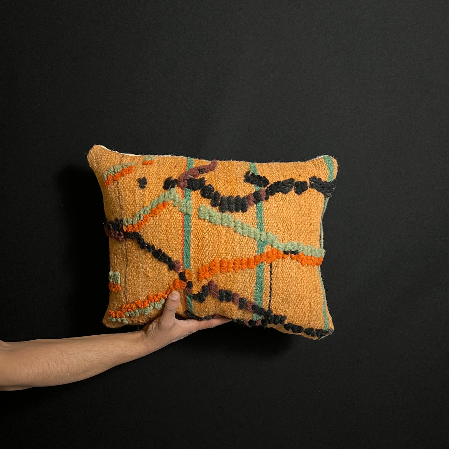 Vintage Moroccan Pillow, Handmade Cushions, Natural Wool Pillow, Orange Pillow,