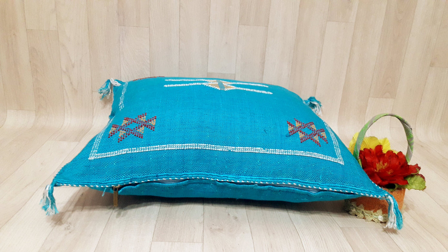 Cactus Silk Cushion Cover - Turquoise Sabra Pillow - Handmade Morocco Cushion
