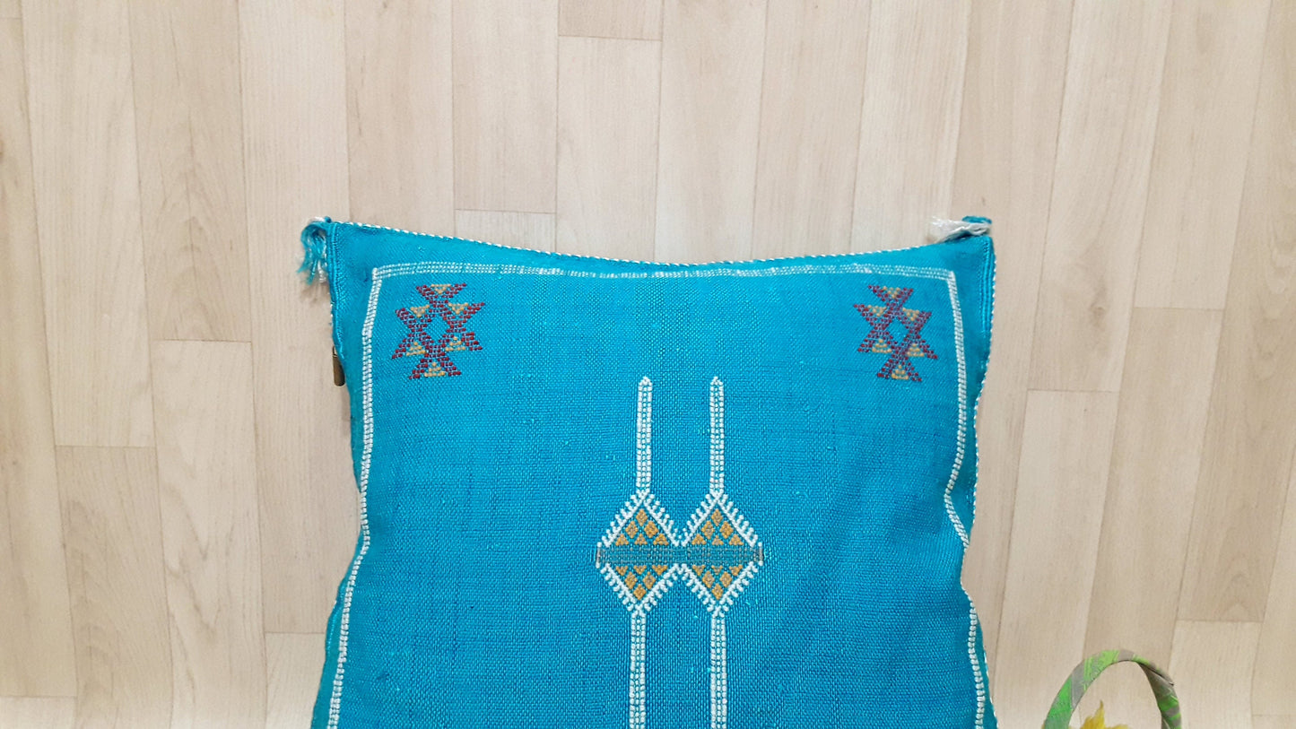 Cactus Silk Cushion Cover - Turquoise Sabra Pillow - Handmade Morocco Cushion
