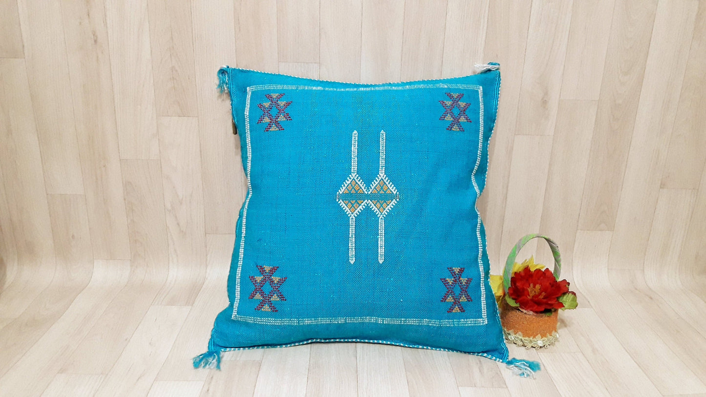 Cactus Silk Cushion Cover - Turquoise Sabra Pillow - Handmade Morocco Cushion