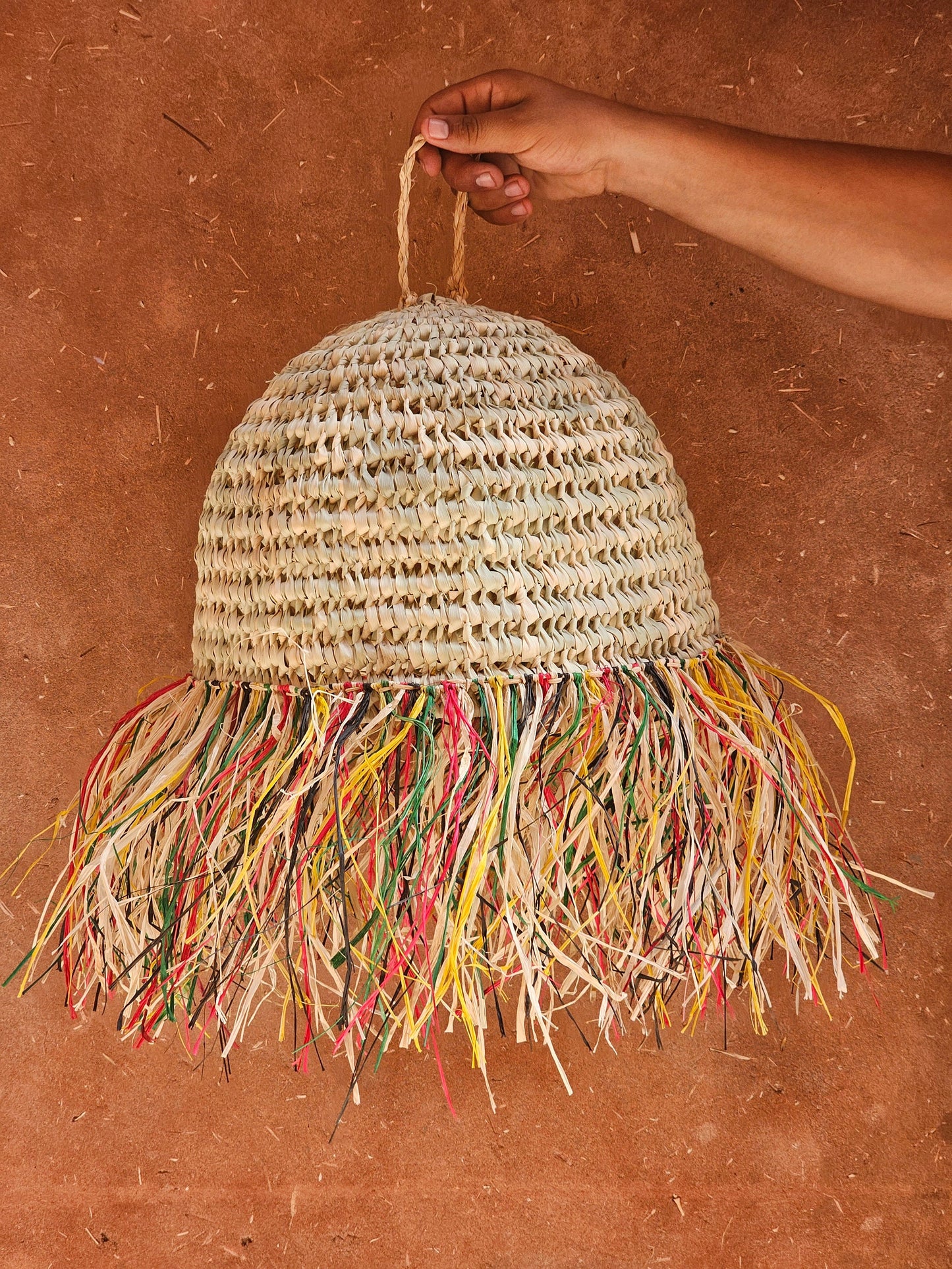 Straw Ball Pendant Light with Raffia Multicolor Fringes , Moroccan Straw Lampshade