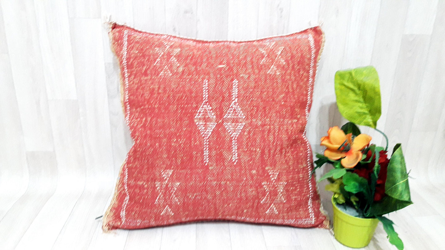 Orange Cactus Silk Pillow Cover, Moroccan Boho Throw Pillow , Hand Woven Berber Pillow, Sabra Cactus Silk Cushion,Home Decor
