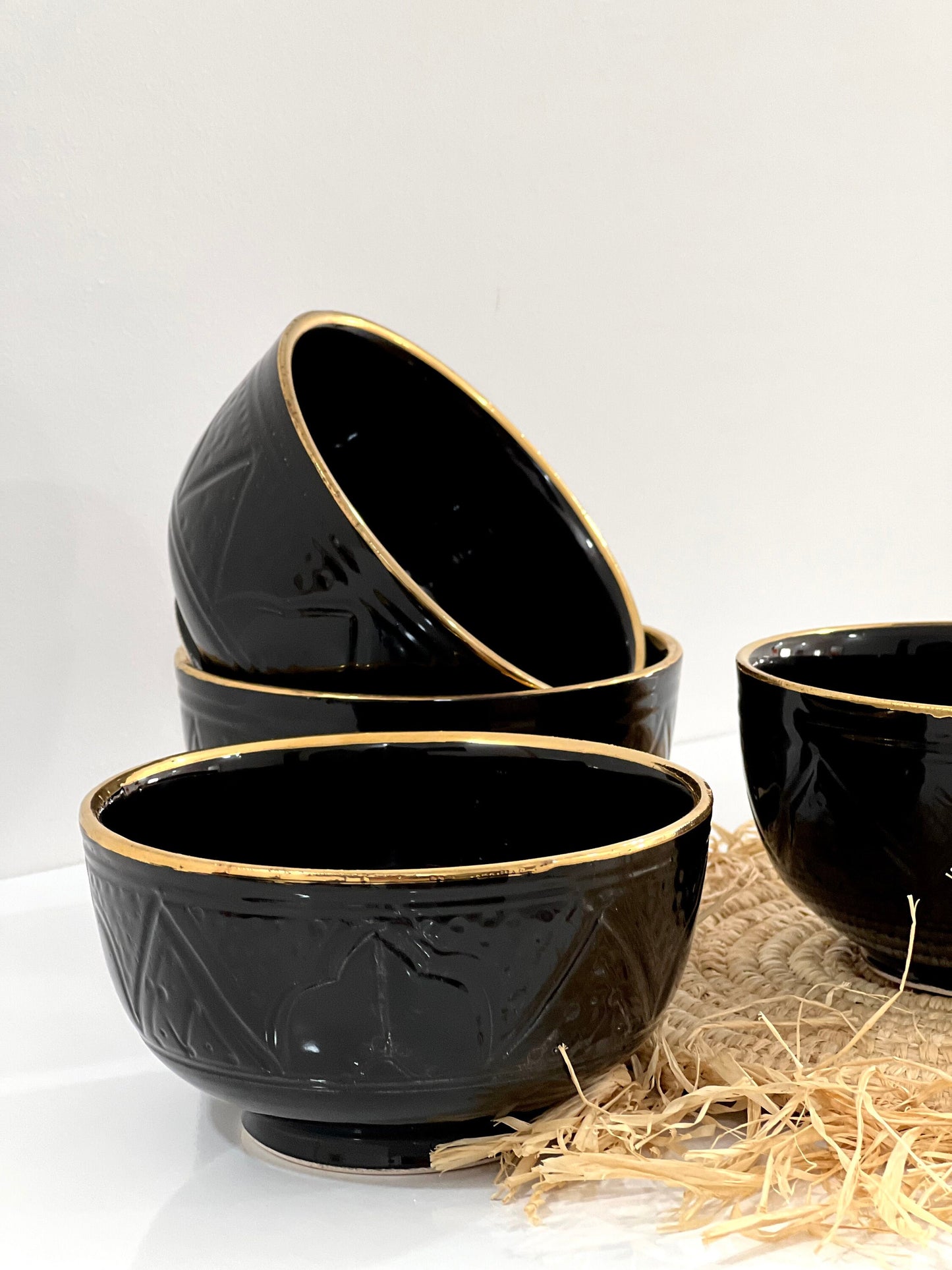 Set of 4 Handmade Ceramic Bowls with 14K Gold Edges - Moroccan Style Black Bowls.