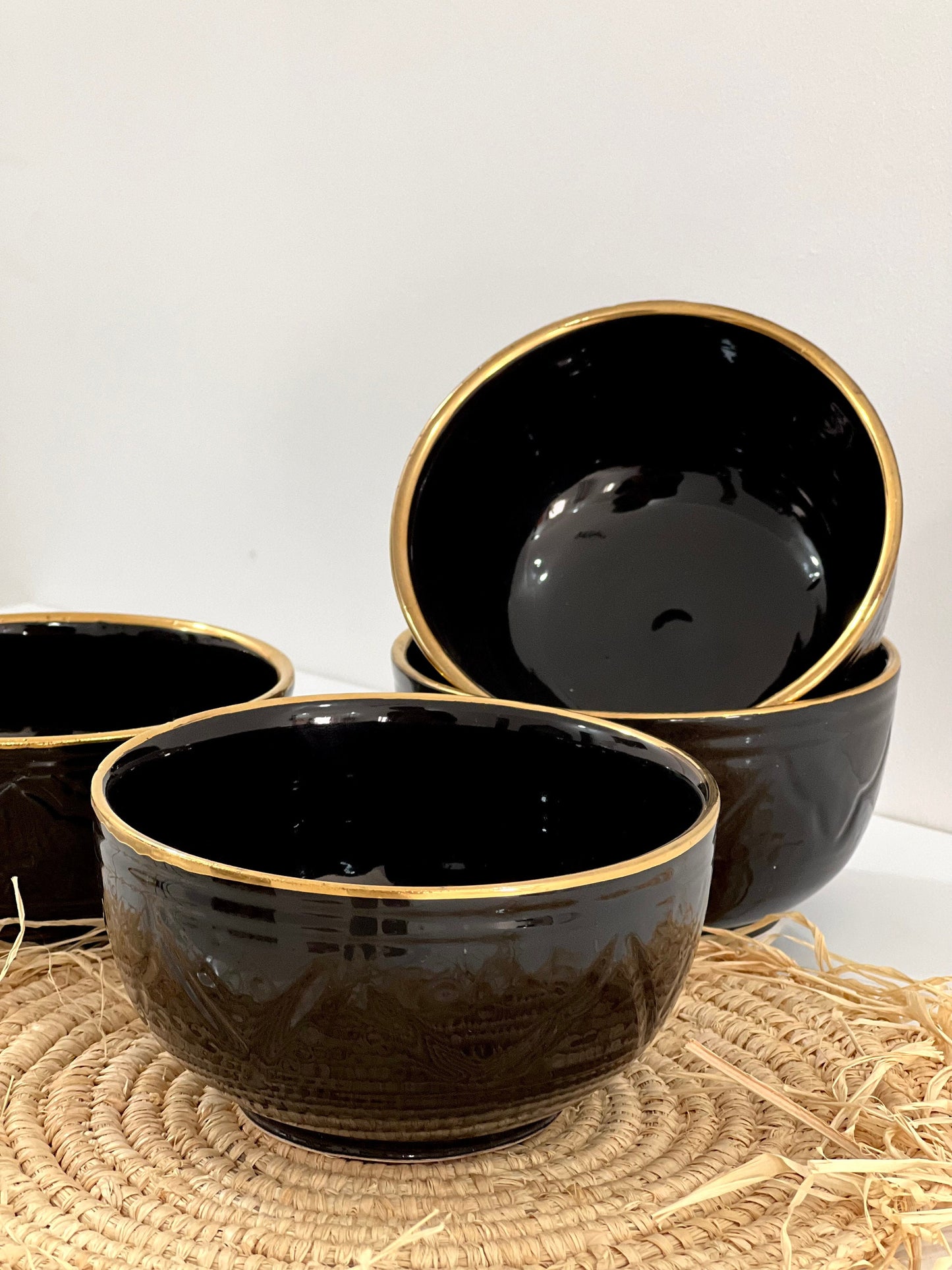 Set of 4 Handmade Ceramic Bowls with 14K Gold Edges - Moroccan Style Black Bowls.