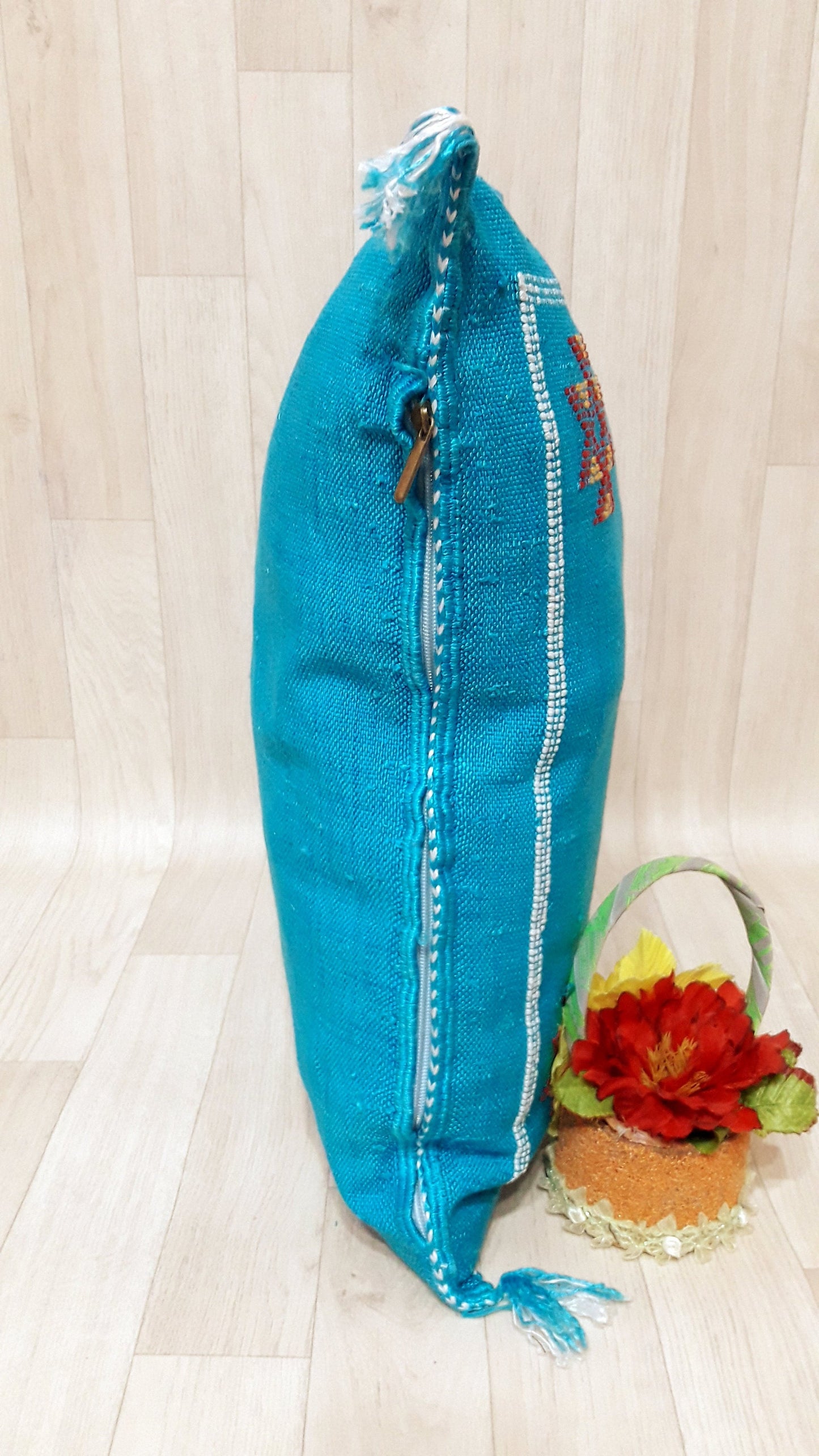 Cactus Silk Cushion Cover - Turquoise Sabra Pillow - Handmade Morocco Cushion