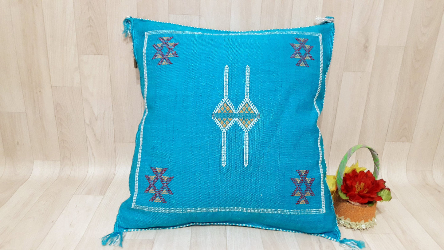 Cactus Silk Cushion Cover - Turquoise Sabra Pillow - Handmade Morocco Cushion