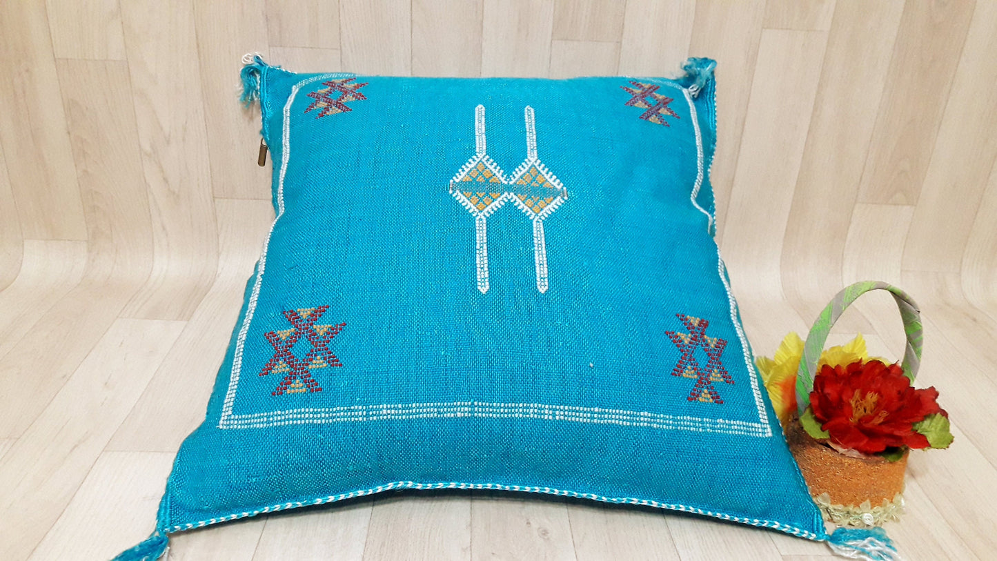 Cactus Silk Cushion Cover - Turquoise Sabra Pillow - Handmade Morocco Cushion