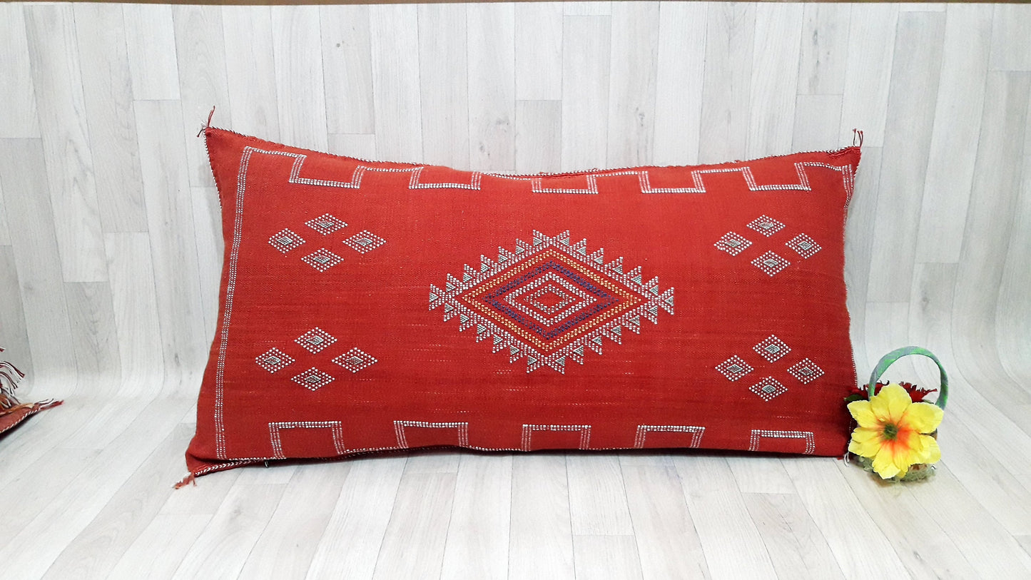 Lumbar Cactus Silk Pillow Cover -Red/Orange Sabra Pillow - Handmade Morocco Cushion-Pillow-Cushion-Decorative Pillow-Lumbar Pillow-