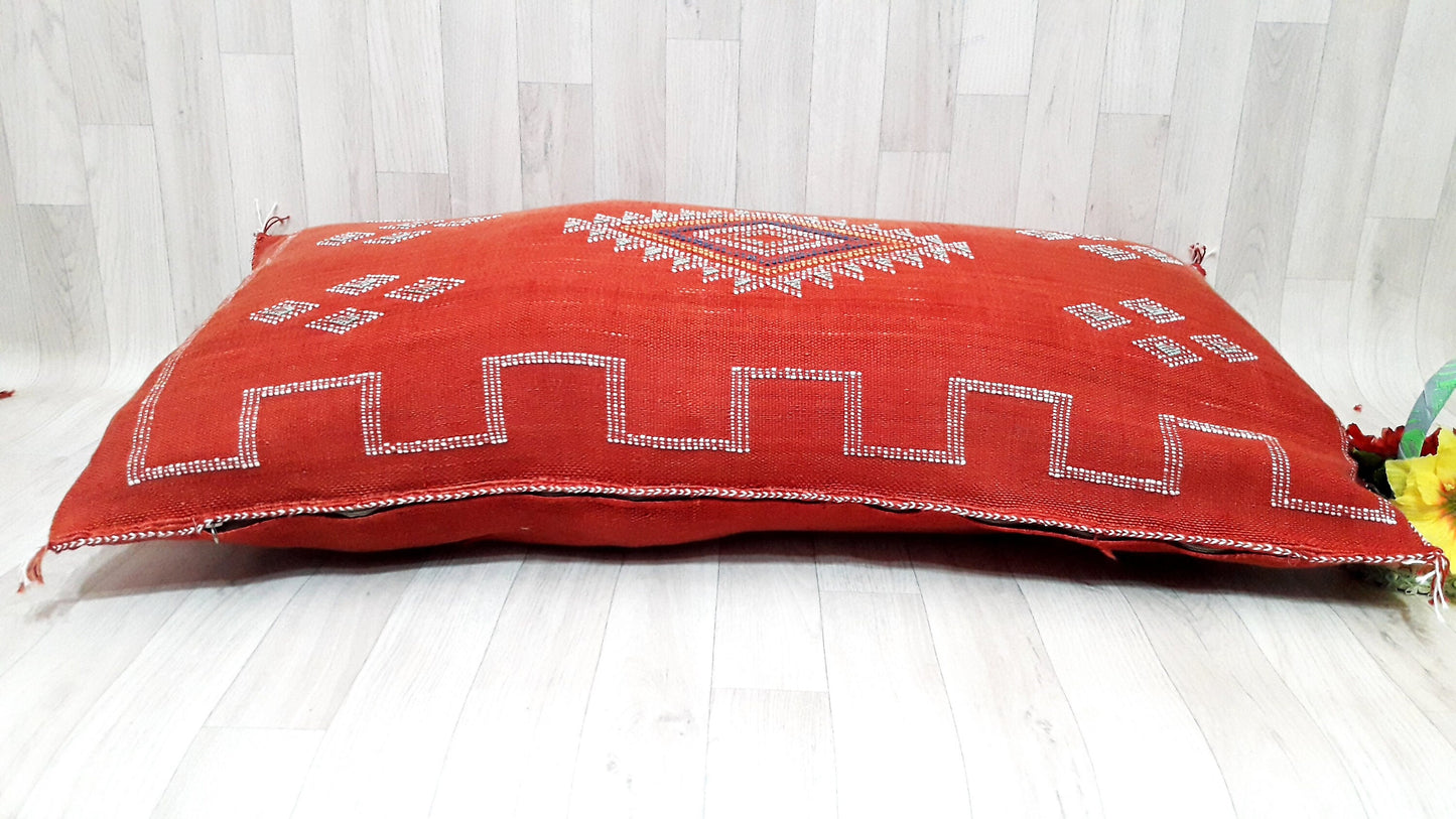 Lumbar Cactus Silk Pillow Cover -Red/Orange Sabra Pillow - Handmade Morocco Cushion-Pillow-Cushion-Decorative Pillow-Lumbar Pillow-