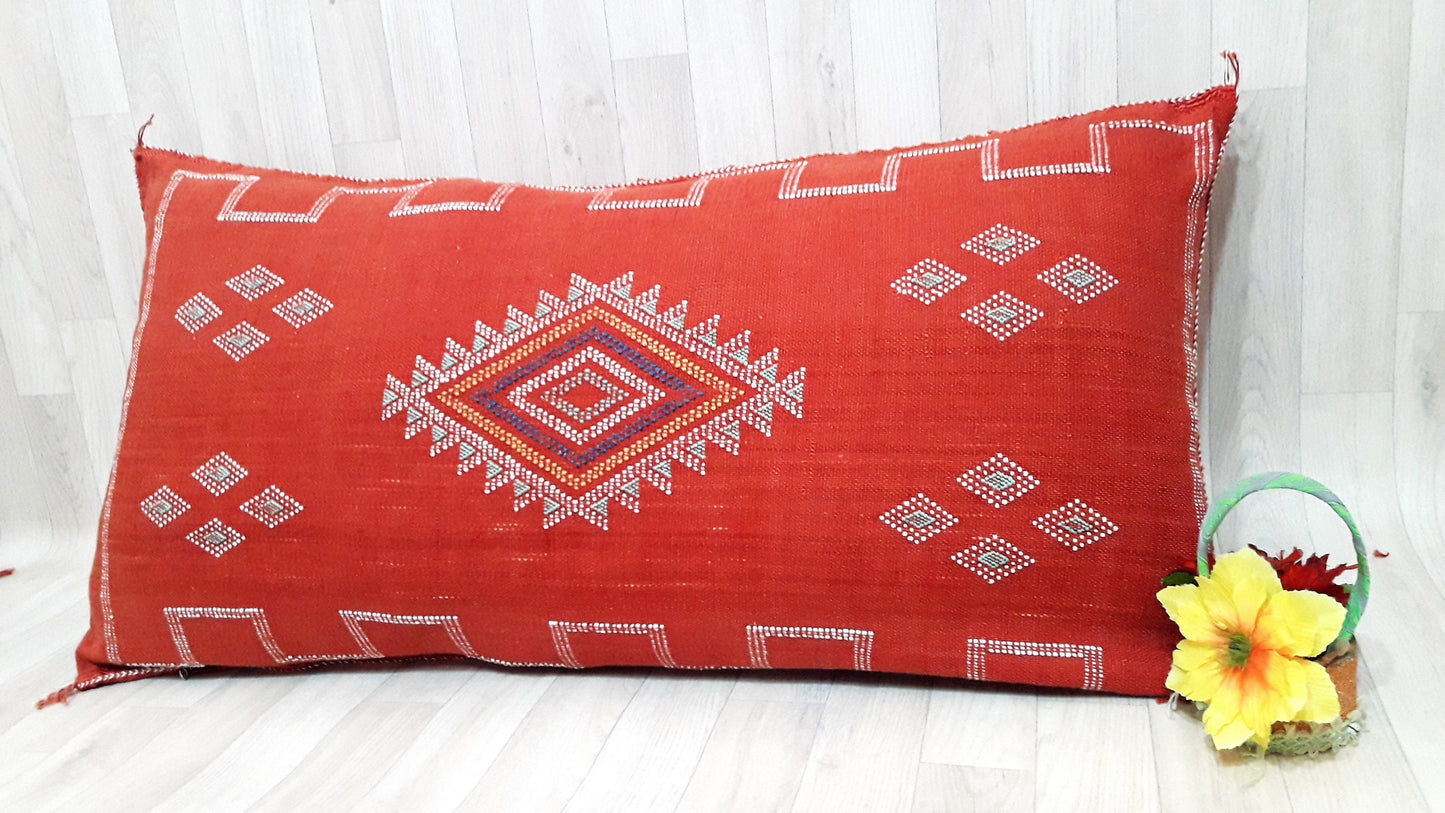Lumbar Cactus Silk Pillow Cover -Red/Orange Sabra Pillow - Handmade Morocco Cushion-Pillow-Cushion-Decorative Pillow-Lumbar Pillow-