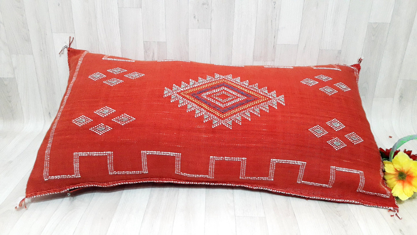 Lumbar Cactus Silk Pillow Cover -Red/Orange Sabra Pillow - Handmade Morocco Cushion-Pillow-Cushion-Decorative Pillow-Lumbar Pillow-