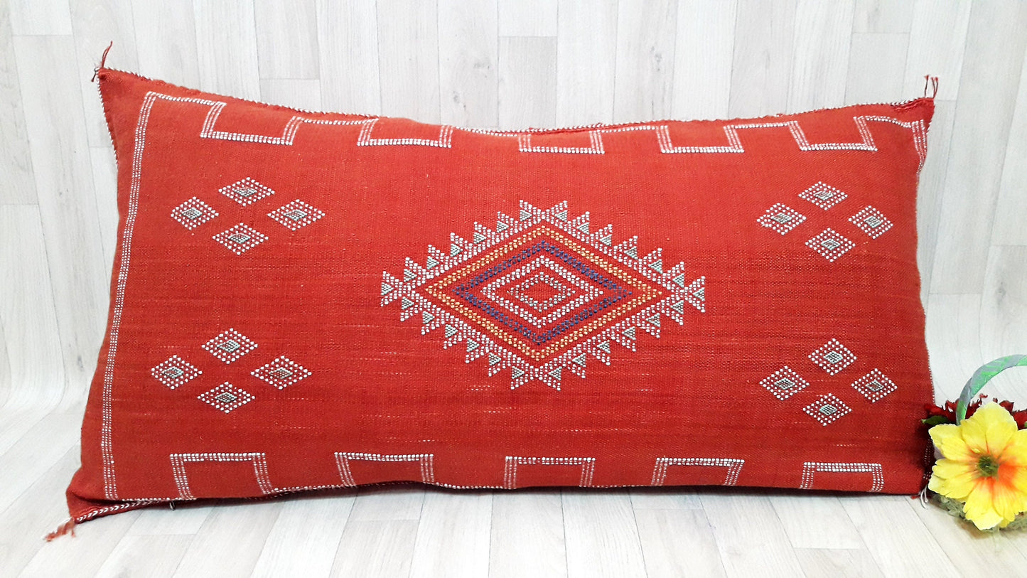 Lumbar Cactus Silk Pillow Cover -Red/Orange Sabra Pillow - Handmade Morocco Cushion-Pillow-Cushion-Decorative Pillow-Lumbar Pillow-