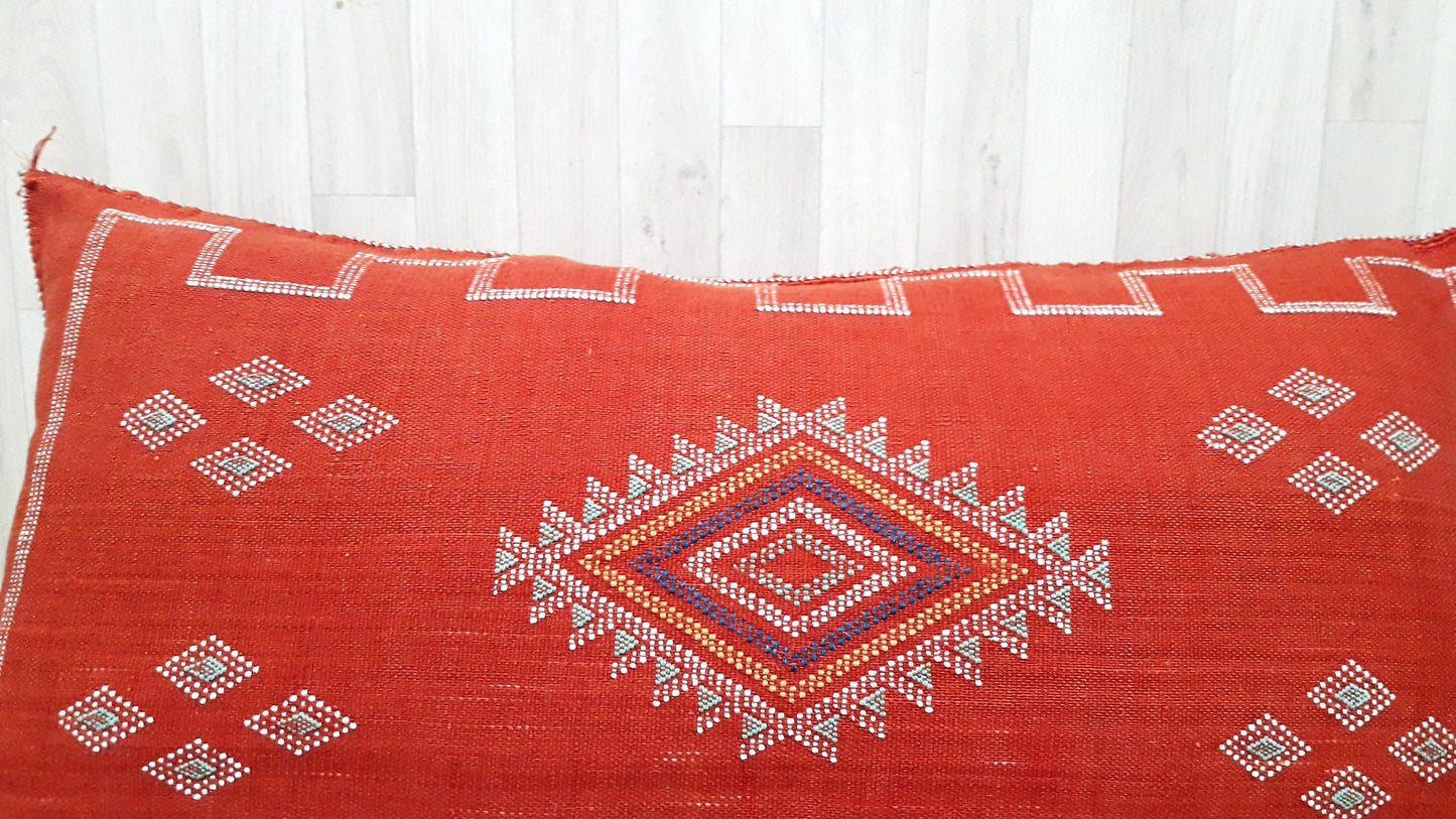 Lumbar Cactus Silk Pillow Cover -Red/Orange Sabra Pillow - Handmade Morocco Cushion-Pillow-Cushion-Decorative Pillow-Lumbar Pillow-